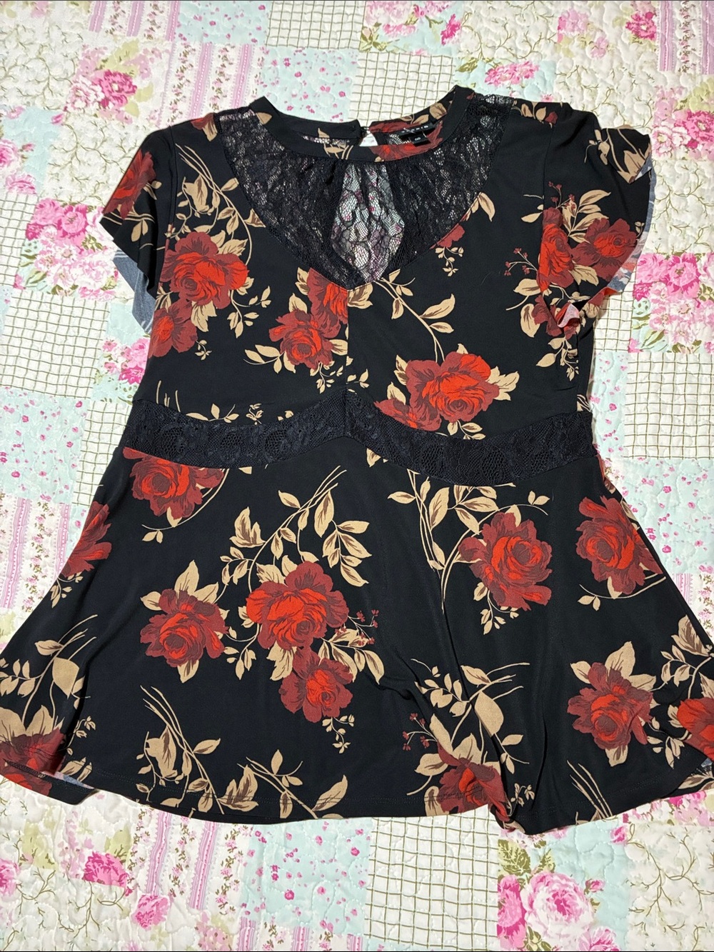 torrid Black Lace-Trim Peplum Top with Red Rose Print